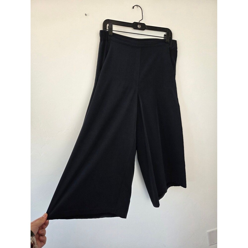 Elaine Kim 100% Silk Wide Leg Cropped Pants Lightweight Navy Blue Pull On Large